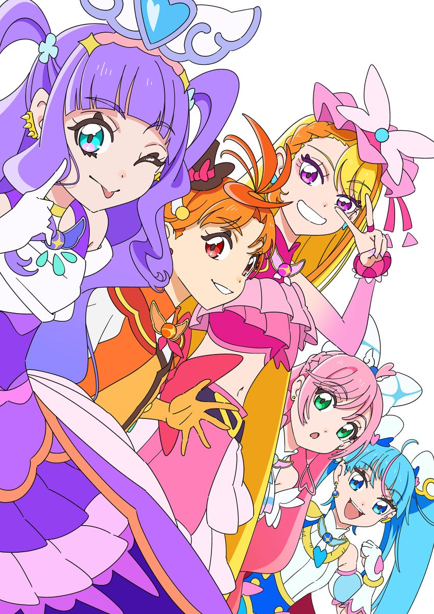 1boy, 4girls, :o, ;p, absurdres, aqua_eyes, belt, black_belt