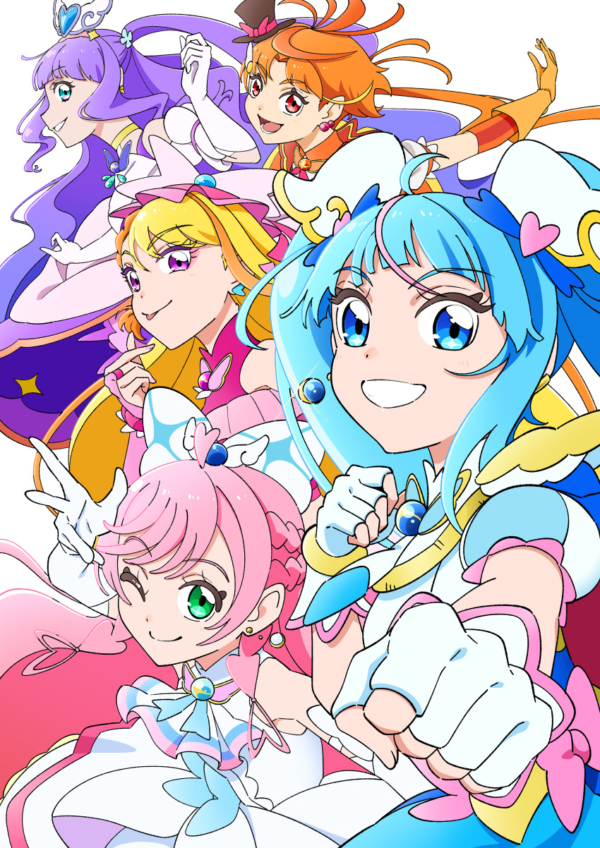 1boy, 4girls, :p, absurdres, aqua_eyes, black_hat, blonde_hair, blue_bow