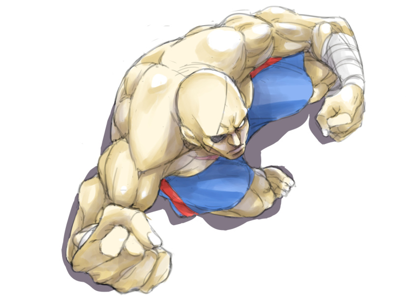 1boy, armband, bald, blue_shorts, clenched_hands, commentary_request, elbowing, eyepatch