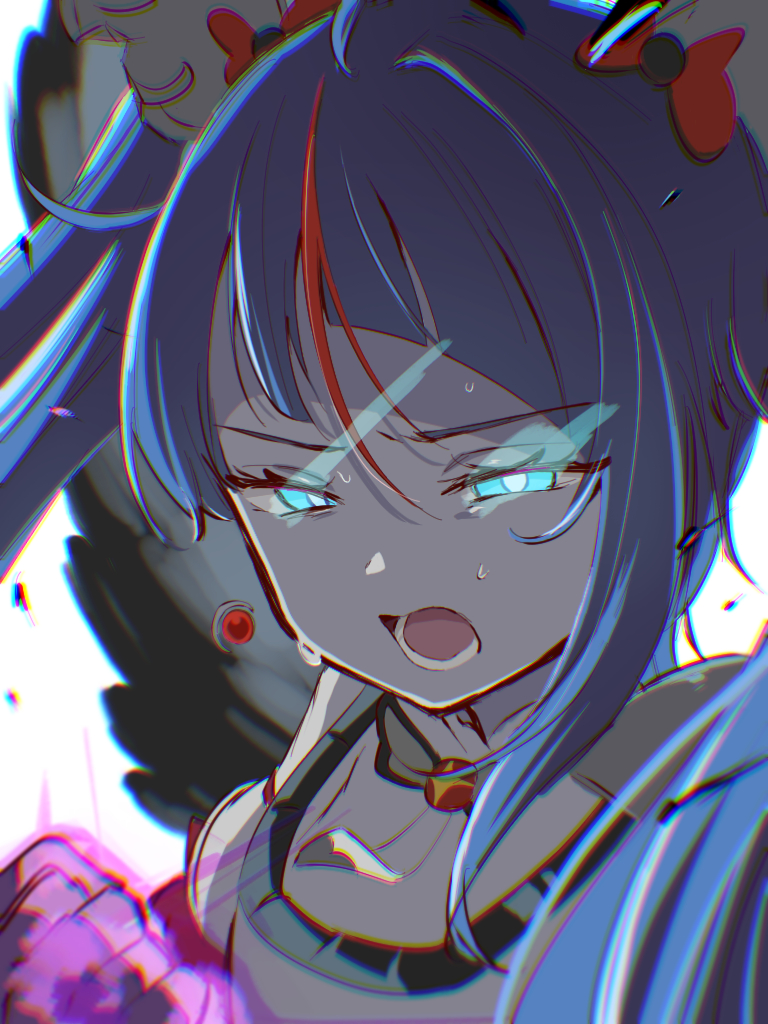 1girl, armor, black_wings, blue_eyes, blue_hair, brooch, clenched_hand, commentary