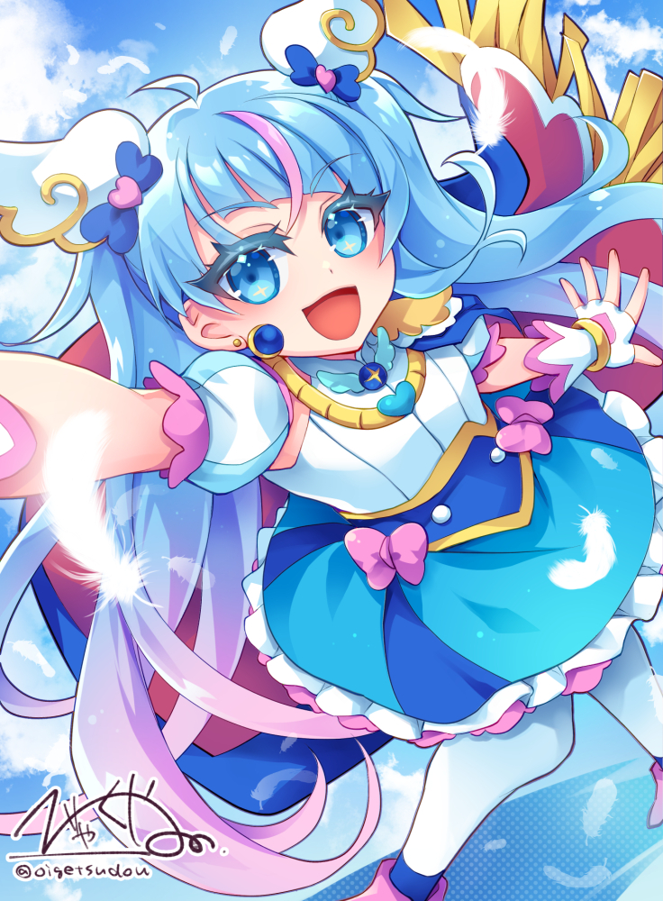 1girl, arm_up, artist_name, blue_cape, blue_dress, blue_eyes, blue_hair, blue_sky
