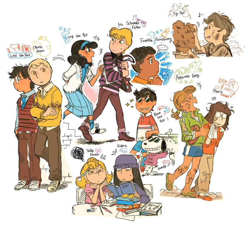 5girls, 6+boys, aged_up, black_hair, blonde_hair, blue_hairband, book, book_stack