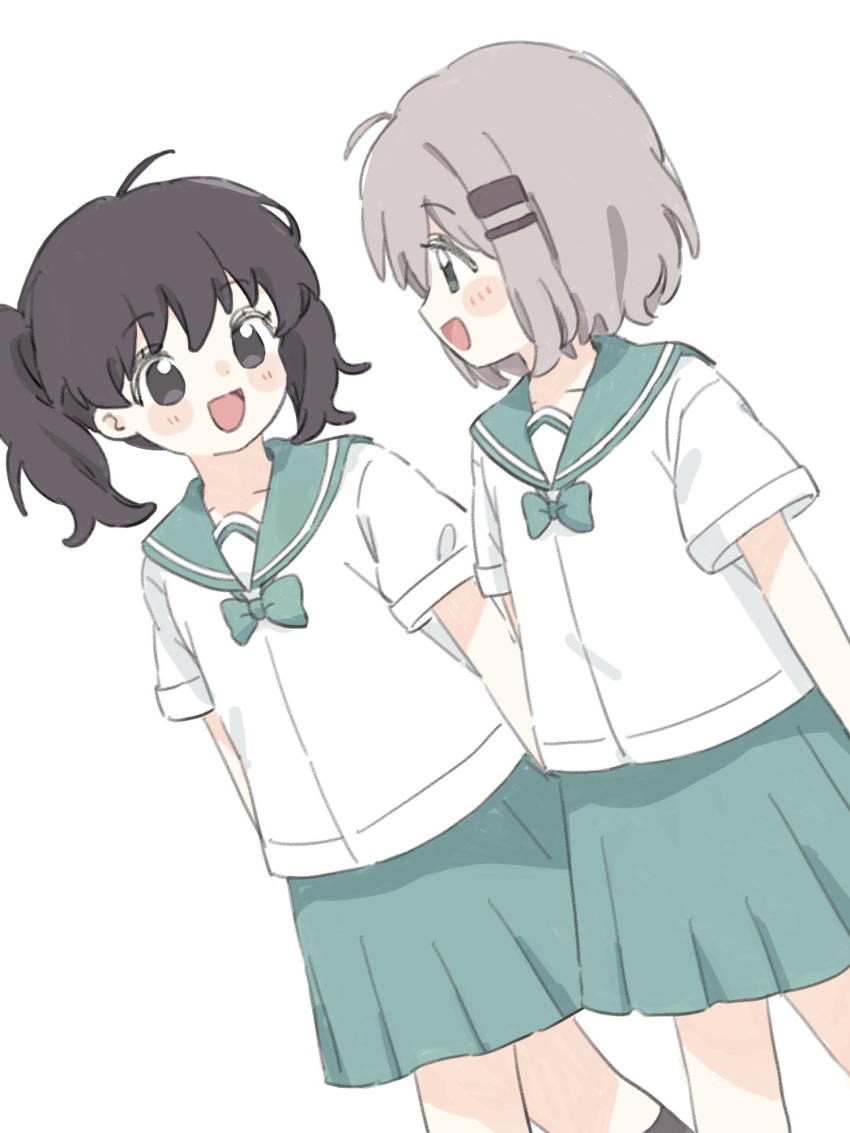 2girls, :d, aqua_bow, aqua_bowtie, aqua_sailor_collar, aqua_skirt, black_hair, blush