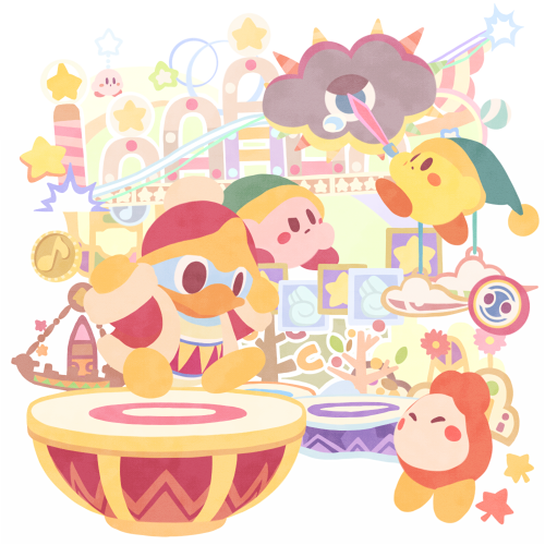 arms_up, black_eyes, blush, blush_stickers, chibi, chibi_only, closed_eyes, closed_mouth, commentary_request, copy_ability, dedede's_drum_dash, dot_mouth, drum, flower, green_hat, hat, holding, holding_sword, holding_weapon, instrument, jacket, king_dedede, kirby, kirby_fighters_deluxe, kracko, leaf, lowres, musical_note, no_humans, one-eyed, open_clothes, open_jacket, red_hat, red_jacket, solid_oval_eyes, star_(symbol), sword, sword_kirby, tearing_up, topollo, waddle_dee, weapon, white_background