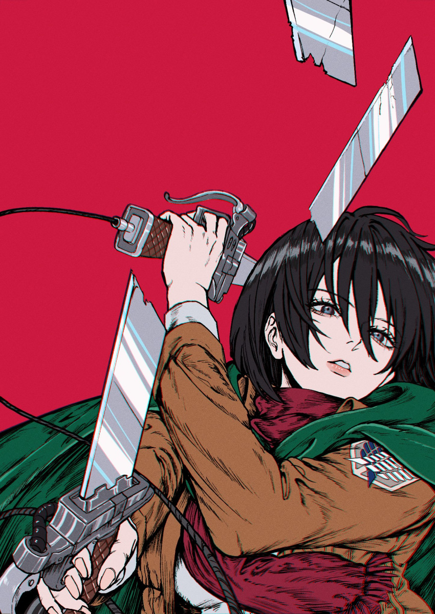 1girl, black_hair, breasts, broken, broken_weapon, brown_jacket, cloak, dual_wielding