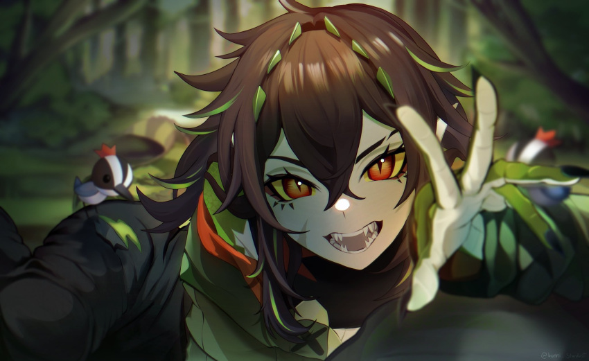 1girl, animal_on_shoulder, bird, bird_on_shoulder, black_jacket, black_nails, brown_hair, bunni_stardust