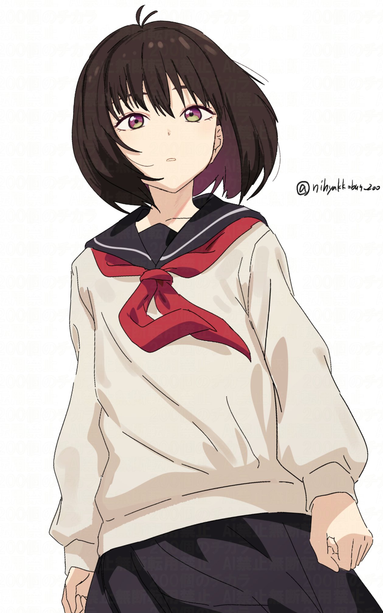 1girl, 200-ko_no_chikara, black_skirt, brown_hair, collarbone, commentary_request, cowboy_shot, gradient_eyes