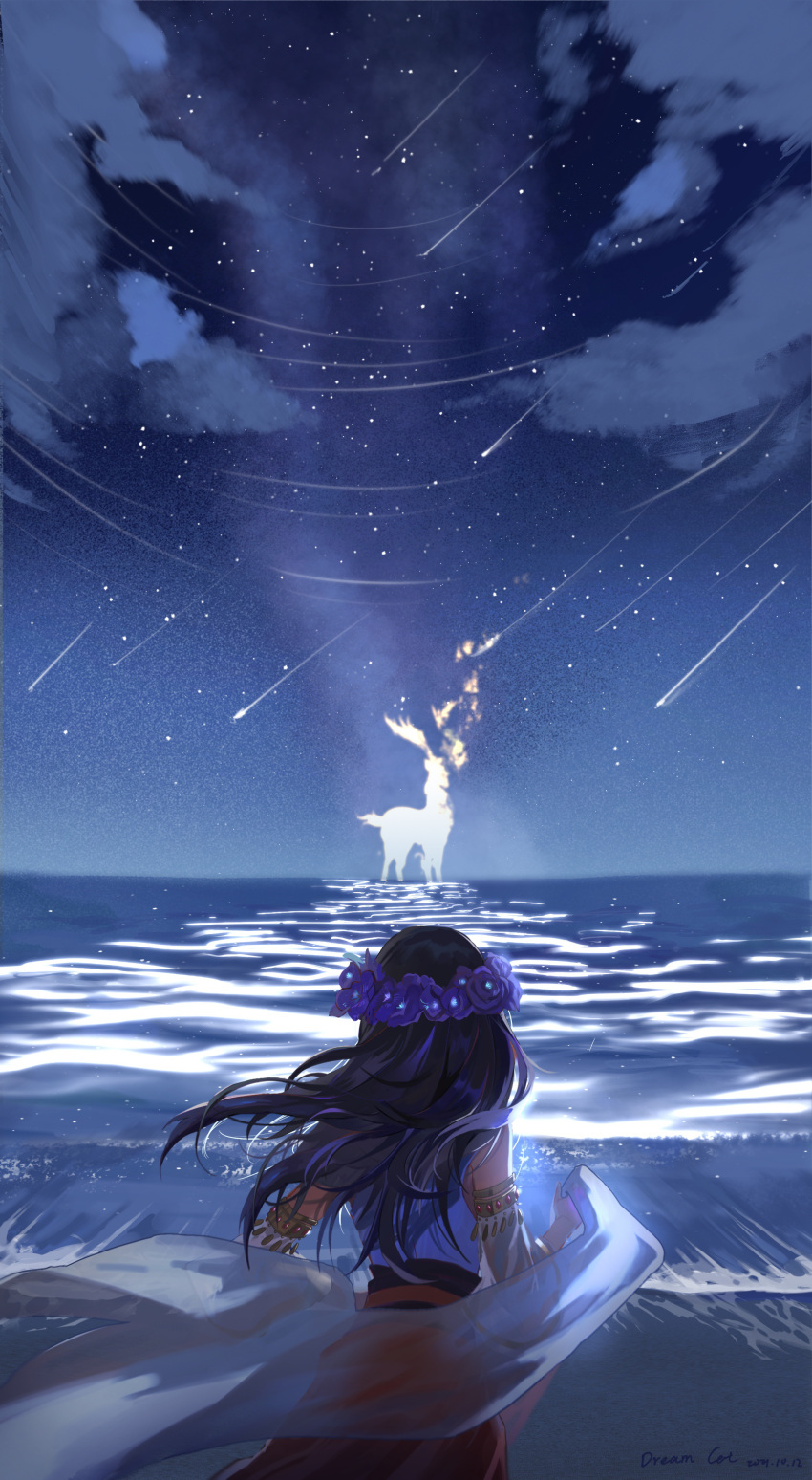 1girl, absurdres, alkaid_mcgrath, alkaid_mcgrath_(spirit_world), animalization, armlet, bare_shoulders, beach, black_hair, chinese_commentary, clouds, cowboy_shot, deer, detached_sleeves, disintegration, facing_away, flower, flower_wreath, from_behind, gold_armlet, head_wreath, heroine_(lovebrush_chronicles), highres, jewelry, long_hair, lovebrush_chronicles, mengmao727, night, outdoors, purple_flower, red_skirt, see-through_clothes, see-through_shawl, shawl, shirt, shooting_star, skirt, sky, sleeveless, sleeveless_shirt, solo, spoilers, standing, standing_on_liquid, star_(sky), star_trail, starry_sky, white_shawl, white_shirt