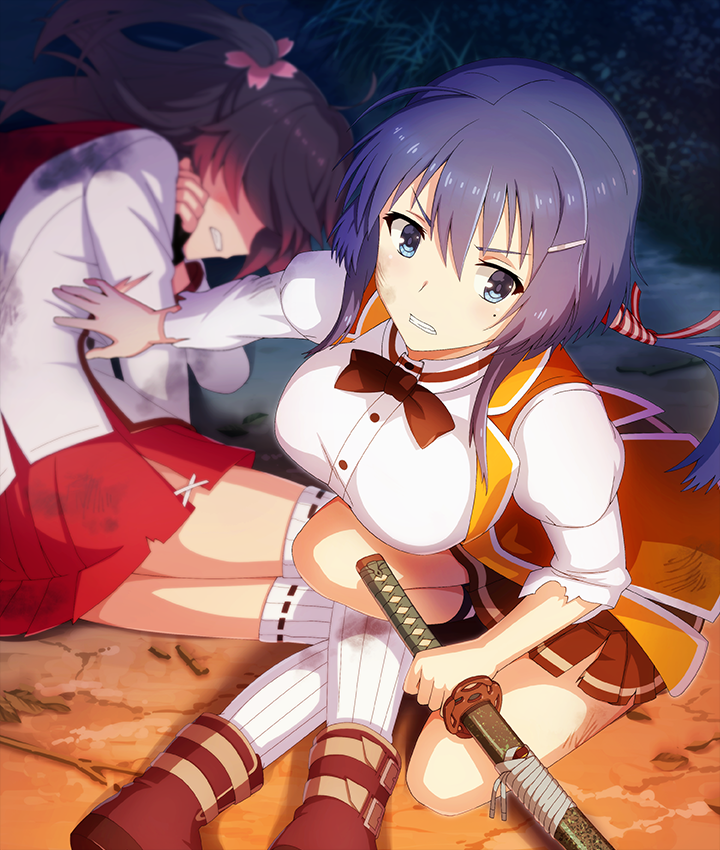 2girls, ahoge, asakura_mihono, black_bow, black_bowtie, blue_eyes, blue_hair, boots