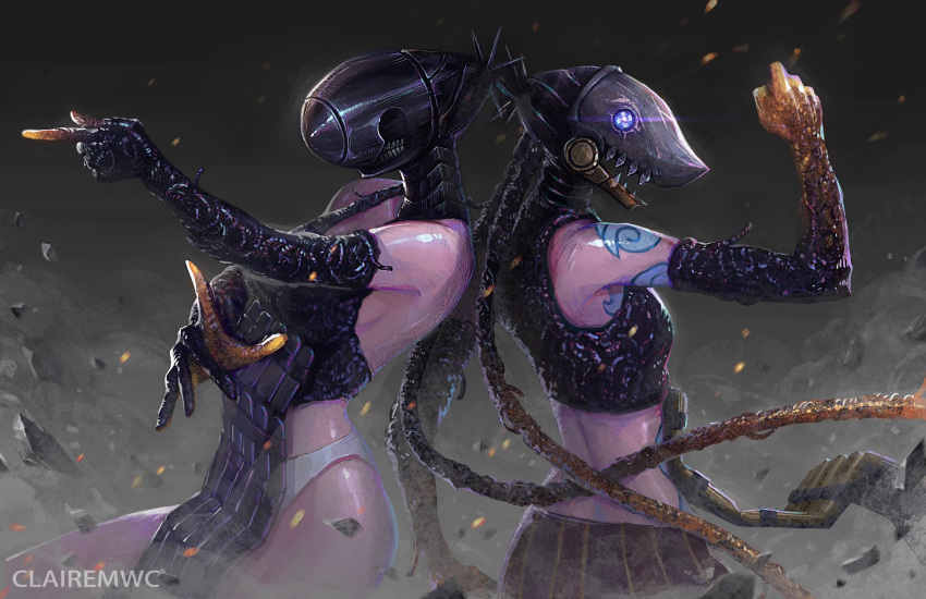 1girl, aiming, apron, arcane:_league_of_legends, artist_name, bare_shoulders, black_apron, black_gloves