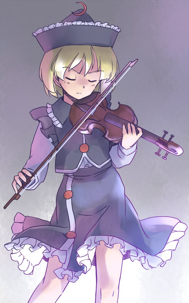 1girl, black_hat, black_skirt, black_vest, blonde_hair, bow_(music), buttons, closed_eyes