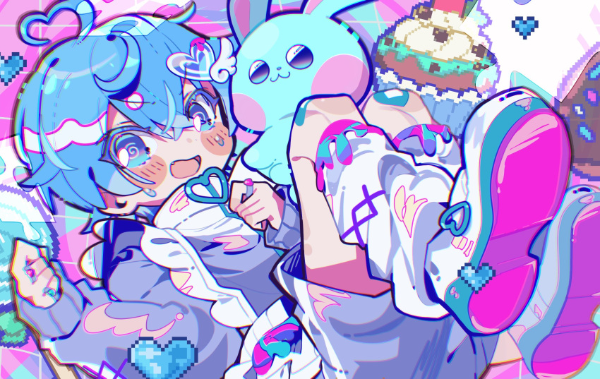 1boy, @_@, ahoge, bandaid, bandaid_on_knee, bandaid_on_leg, blue_eyes, blue_hair