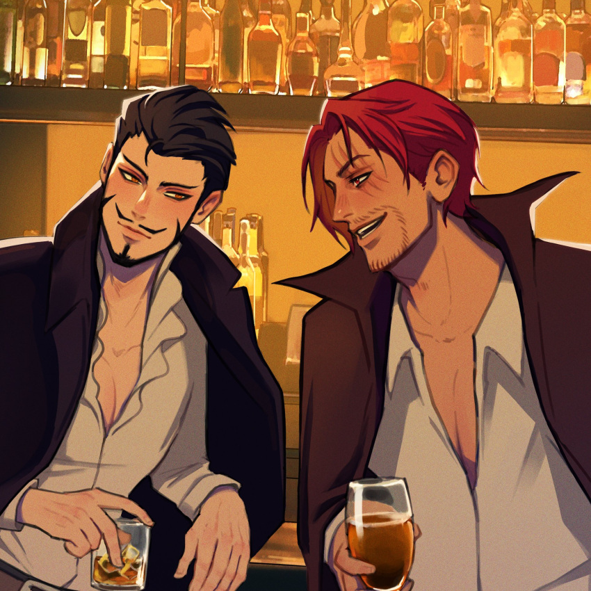 2boys, alcohol, bar_(place), beard, chinstrap_beard, closed_mouth, cup, dracule_mihawk, english_commentary, facial_hair, highres, holding, holding_cup, kaizer_(kaizerxking), looking_at_another, male_focus, multiple_boys, mustache, one_piece, parted_lips, pectoral_cleavage, pectorals, red_hair, scar, scar_across_eye, scar_on_face, shanks_(one_piece), short_hair, sideburns