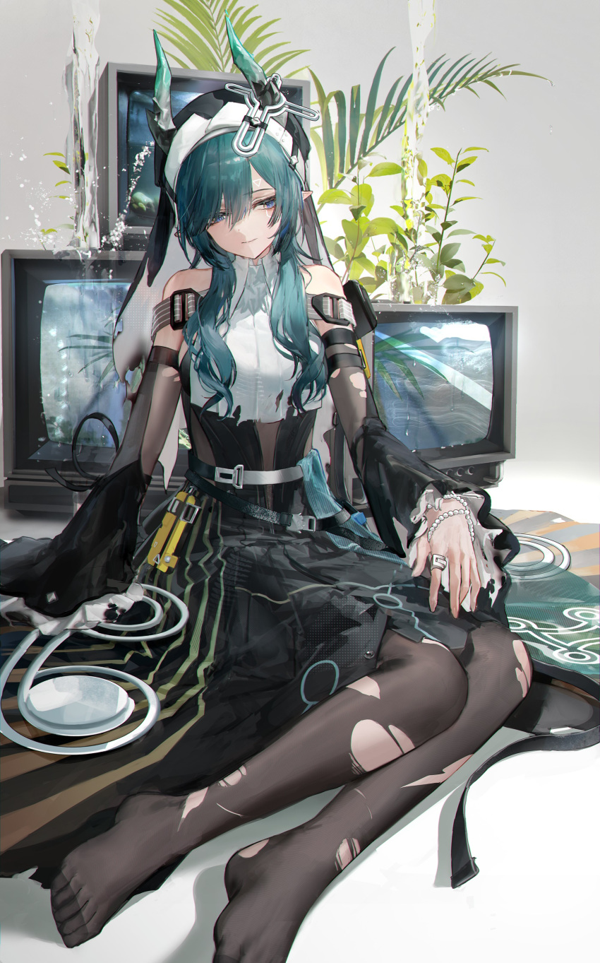 1girl, absurdres, aqua_hair, arknights, arknights:_endfield, bare_shoulders, black_dress, black_pantyhose