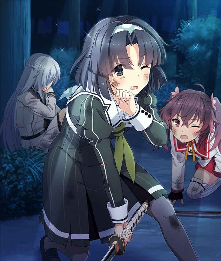 3girls, ;o, ahoge, all_fours, asakura_mihono, ayanokouji_martial_arts_school_uniform, black_eyes, black_gloves, black_hair, black_pantyhose, blue_hair, braid, brown_hair, dirty, dirty_clothes, dirty_face, dot_nose, dress, fingerless_gloves, flower, forest, game_cg, glasses, gloves, gradient_hair, green_dress, green_hairband, hair_flower, hair_ornament, hairband, half_up_braid, hand_up, heijou_institute_school_uniform, holding, holding_sword, holding_weapon, injury, katana, kitora_mirja, long_hair, long_sleeves, medium_hair, minoseki_academy_school_uniform, multicolored_hair, multiple_girls, musumi_kiyoka, nature, night, official_art, on_ground, one_eye_closed, open_mouth, outdoors, pantyhose, parted_bangs, pink_flower, pink_hair, pinstripe_dress, pinstripe_pattern, pinstripe_thighhighs, polka_dot_hairband, red_sailor_collar, ribbon, sailor_collar, school_uniform, serafuku, shirt, short_hair, sitting, skirt, slouching, striped_clothes, striped_dress, striped_thighhighs, sword, thigh-highs, third-party_source, toji_no_miko, toji_no_miko:_kizamishi_issen_no_tomoshibi, torn_clothes, tree, twintails, vertical-striped_clothes, vertical-striped_dress, vertical-striped_thighhighs, weapon, white_sailor_collar, white_serafuku, white_shirt, white_skirt, white_thighhighs, yellow_ribbon