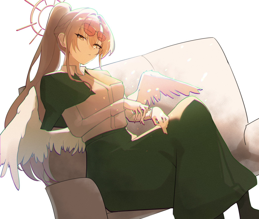 1girl, alternate_costume, angel_wings, arck_10, blonde_hair, blue_archive, collared_shirt, commentary_request