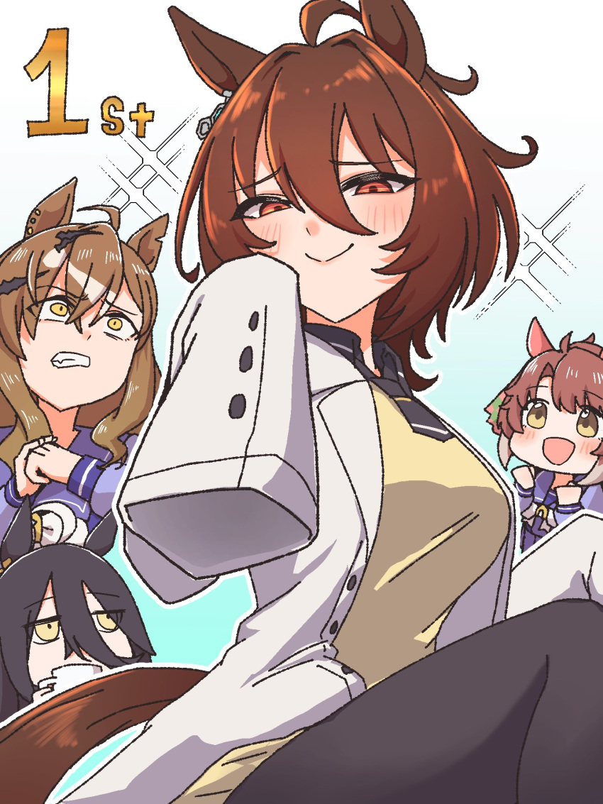 4girls, agnes_tachyon_(tach-nology)_(umamusume), agnes_tachyon_(umamusume), ahoge, animal_ears, black_hair, breasts, brown_hair