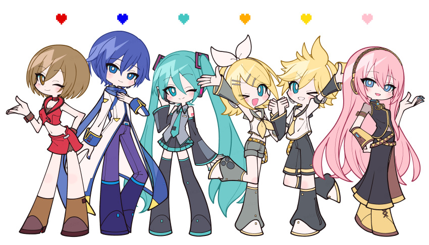 >_o, 2boys, 4girls, :d, ;), ;d, absurdres, arm_up, arm_warmers, bare_shoulders, black_boots, black_shirt, black_shorts, black_skirt, black_sleeves, blonde_hair, blue_eyes, blue_hair, blue_scarf, blush_stickers, boots, bright_pupils, brother_and_sister, brown_boots, brown_eyes, closed_mouth, coat, collared_shirt, commentary_request, crop_top, cropped_jacket, cropped_shirt, detached_sleeves, dot_nose, double-parted_bangs, full_body, green_hair, green_necktie, grey_sailor_collar, grey_shirt, grey_shorts, grin, hair_between_eyes, hair_ornament, hair_ribbon, hairclip, hand_on_own_chest, hand_up, hatsune_miku, headphones, heart, highres, jacket, kagamine_len, kagamine_rin, kaito, kaito_(vocaloid), kaito_(vocaloid3), knee_boots, leg_warmers, long_hair, long_skirt, long_sleeves, looking_at_viewer, megurine_luka, meiko, meiko_(vocaloid), midriff, miniskirt, mone_sekai, multiple_boys, multiple_girls, navel, neckerchief, necktie, number_tattoo, one_eye_closed, open_mouth, pants, parallel_hairclips, parted_bangs, pink_hair, pleated_skirt, purple_boots, purple_pants, red_jacket, red_skirt, ribbon, sailor_collar, scarf, see-through_clothes, see-through_sleeves, shirt, shoes, short_hair, short_sleeves, shorts, shoulder_tattoo, siblings, simple_background, single_arm_warmer, skirt, sleeveless, sleeveless_jacket, sleeveless_shirt, smile, standing, standing_on_one_leg, tattoo, thigh_boots, tie_clip, twins, twintails, very_long_hair, vocaloid, white_background, white_coat, white_pupils, white_ribbon, white_shirt, white_shoes, wide_sleeves, wrist_cuffs, yellow_neckerchief, yellow_necktie