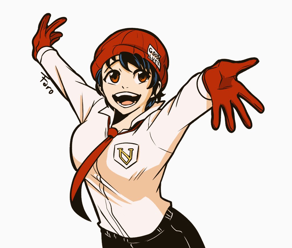 1girl, beanie, black_hair, black_pants, farolitodraws, gloves, hat, izumo_fuuko