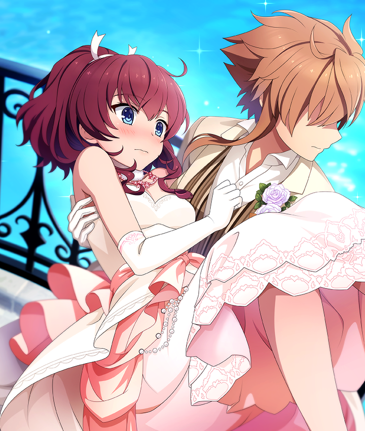 2girls, averting_eyes, bare_shoulders, blue_eyes, blush, breasts, brown_shirt, carrying, closed_mouth, corsage, covered_eyes, dress, elbow_gloves, flower, game_cg, gloves, hair_ribbon, high_ponytail, jacket, jewelry, konohana_suzuka, medium_breasts, multiple_girls, necklace, nose_blush, official_art, open_clothes, open_jacket, orange_hair, outdoors, pink_skirt, ponytail, princess_carry, purple_flower, purple_rose, railing, red_hair, ribbon, rose, shidou_maki_(toji_no_miko), shirt, short_hair, short_hair_with_long_locks, short_ponytail, sidelocks, skirt, sparkle, spiky_hair, strapless, strapless_dress, striped_clothes, striped_shirt, suit, third-party_source, toji_no_miko, toji_no_miko:_kizamishi_issen_no_tomoshibi, vertical-striped_clothes, vertical-striped_shirt, water, wedding_dress, white_dress, white_gloves, white_jacket, white_ribbon, white_suit, yuri