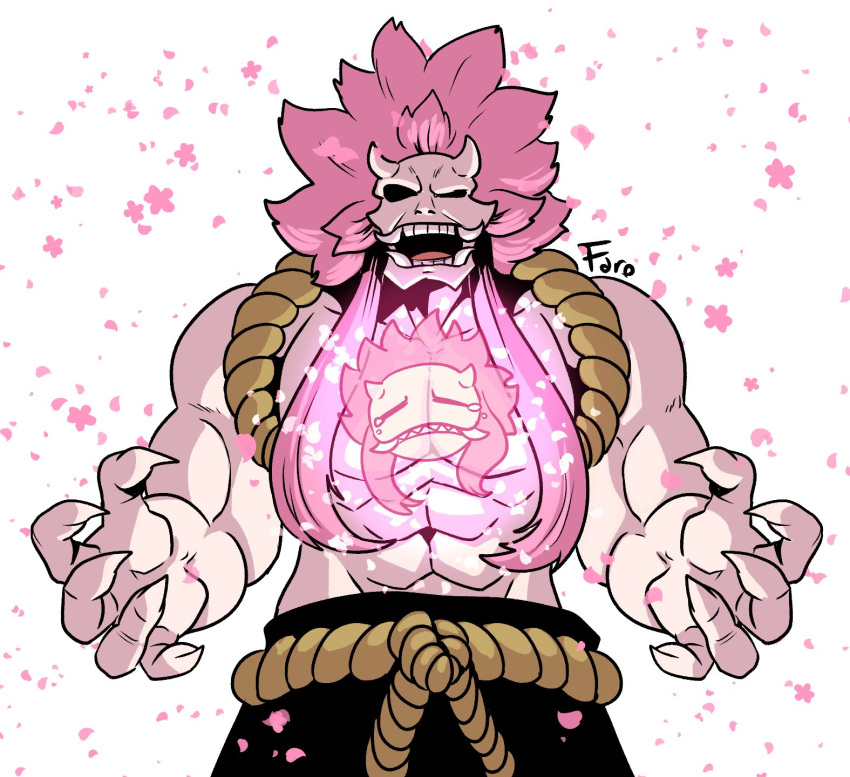 black_eyes, claws, colored_skin, fangs, farolitodraws, highres, horns, japanese_clothes, no_eyebrows, no_pupils, petals, pink_hair, spring_(undead_unluck), uma_(undead_unluck), undead_unluck, white_background, white_skin