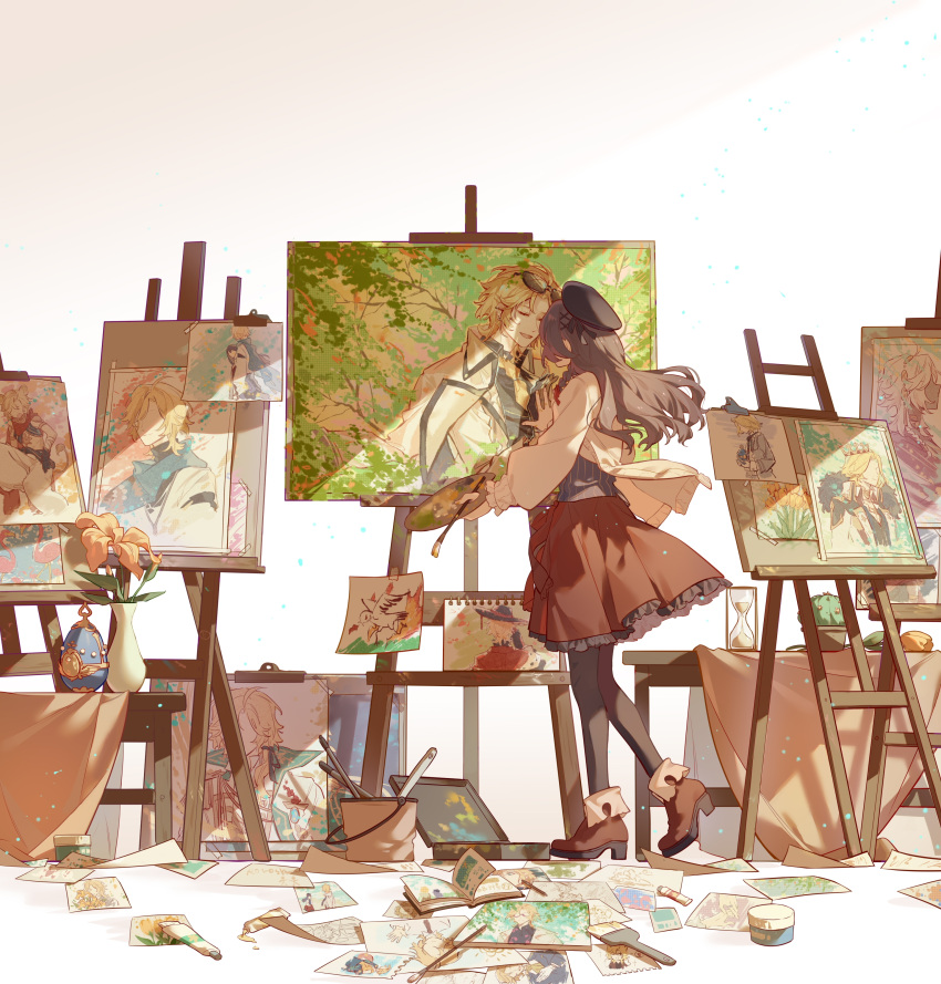 1boy, 1girl, :d, absurdres, ankle_boots, art_brush, beret, black_gloves
