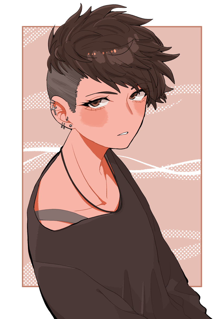 1girl, black_shirt, blush, blush_stickers, border, brown_eyes, brown_hair, collarbone