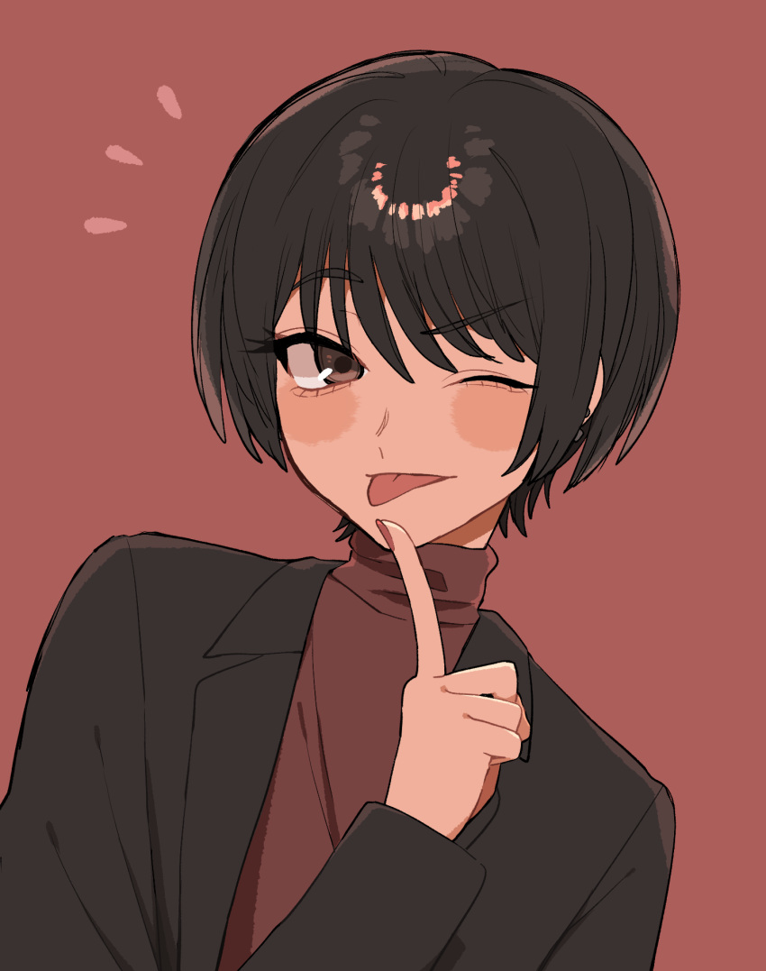 1girl, ;p, black_hair, black_jacket, blush, blush_stickers, brown_eyes, commentary_request, eyelashes, finger_to_own_chin, fingernails, highres, jacket, koucha_(pankeki_koucha), kuromitsu_hana_(koucha), long_sleeves, nail_polish, one_eye_closed, open_clothes, open_jacket, original, raised_eyebrow, red_background, red_nails, red_shirt, shirt, short_hair, simple_background, solo, tomboy, tongue, tongue_out, turtleneck, very_short_hair