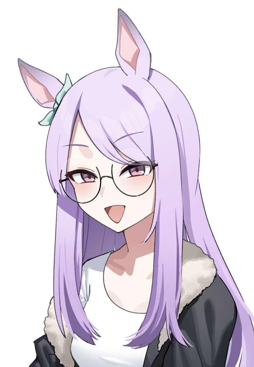 1girl, absurdres, alternate_costume, animal_ears, bespectacled, blush, breasts, commentary_request, glasses, hair_between_eyes, hair_ornament, highres, horse_girl, jacket, jitsumuraakiho, long_hair, looking_at_viewer, mejiro_mcqueen_(umamusume), purple_hair, small_breasts, solo, umamusume, violet_eyes, white_background