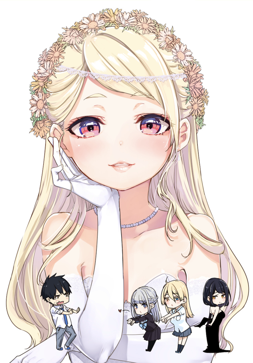 1boy, 4girls, akutsu_masatora, amane_lily, azuma_sawayoshi, black_dress, black_hair, blonde_hair