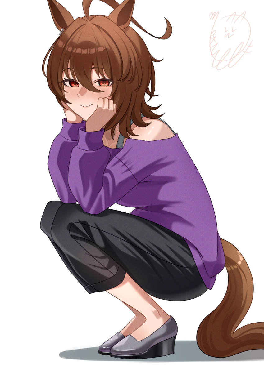 1girl, agnes_tachyon_(casual)_(umamusume), agnes_tachyon_(umamusume), ahoge, animal_ears, black_pants, blush, brown_hair