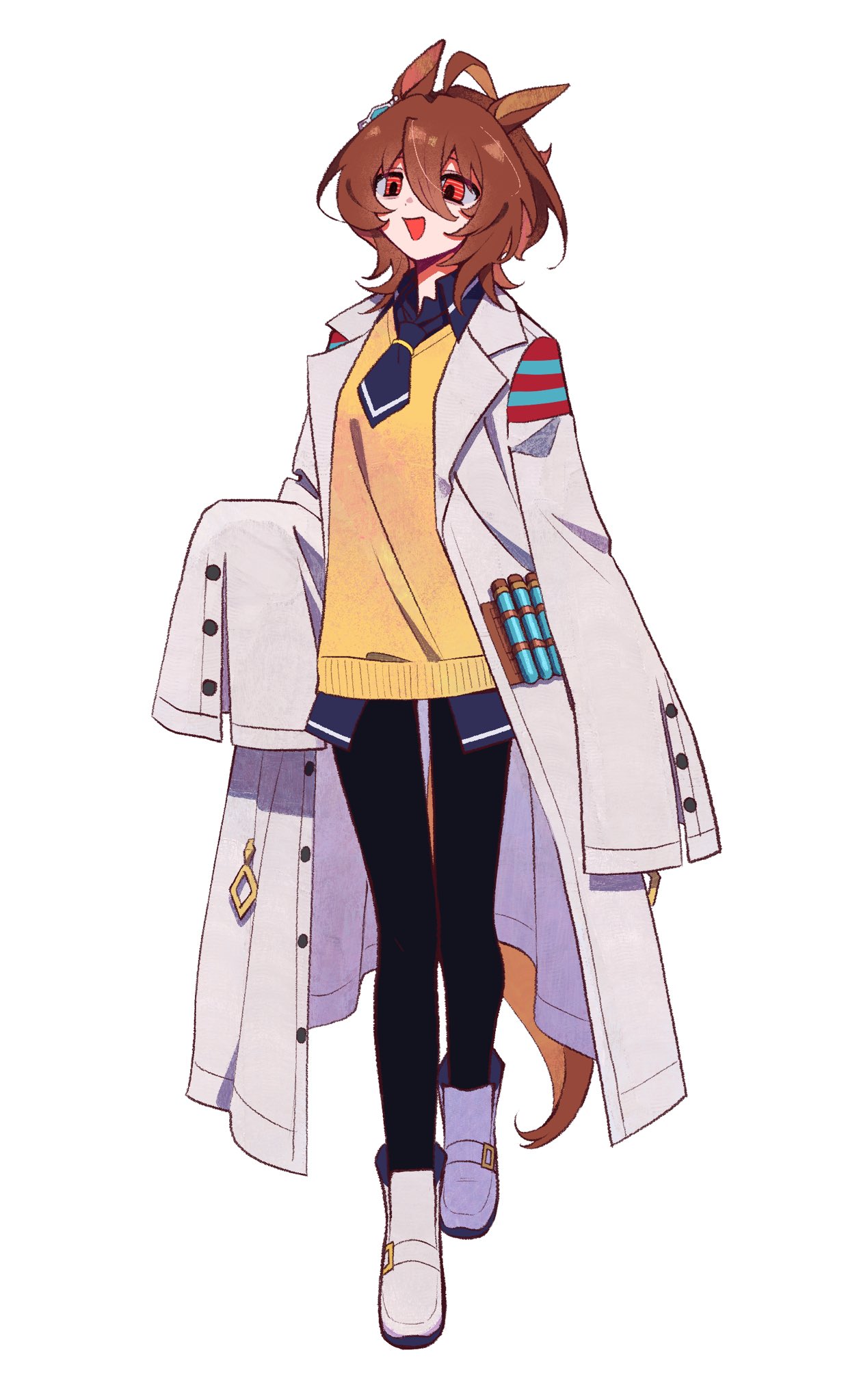 1girl, :d, agnes_tachyon_(tach-nology)_(umamusume), agnes_tachyon_(umamusume), ahoge, animal_ears, black_necktie, black_pantyhose, black_shirt, boots, coat, collared_shirt, commentary_request, doggwa, double-parted_bangs, full_body, hair_between_eyes, highres, horse_ears, horse_girl, horse_tail, korean_commentary, lab_coat, long_sleeves, looking_at_viewer, medium_hair, necktie, open_mouth, pantyhose, red_eyes, shirt, short_necktie, sidelocks, sleeves_past_fingers, sleeves_past_wrists, smile, solo, standing, sweater, tail, test_tube, umamusume, white_boots, white_coat, yellow_sweater