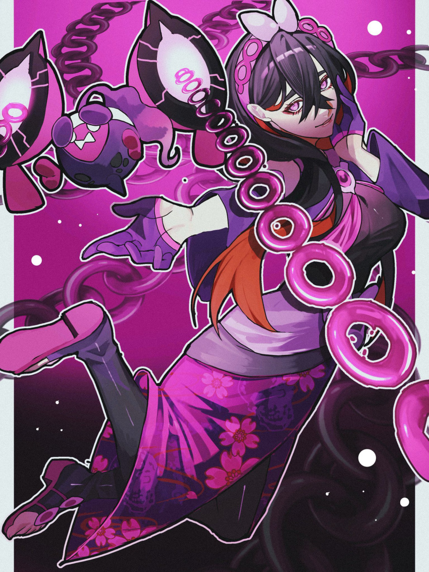 1girl, black_hair, black_kimono, bow, breasts, carmine_(pokemon), carmine_(sygna_suit)_(pokemon), closed_mouth, crossed_bangs, detached_sleeves, dress, floral_print, floral_print_kimono, gloves, hair_between_eyes, hair_bow, hairband, highres, japanese_clothes, kimono, long_hair, long_sleeves, looking_at_viewer, mole, mole_under_eye, official_alternate_costume, open_mouth, pecharunt, pink_sash, pokemon, pokemon_(creature), pokemon_masters_ex, print_kimono, purple_dress, purple_gloves, purple_hairband, purple_skirt, reo_(mmocc123), sash, skirt, smile, white_bow, yellow_eyes