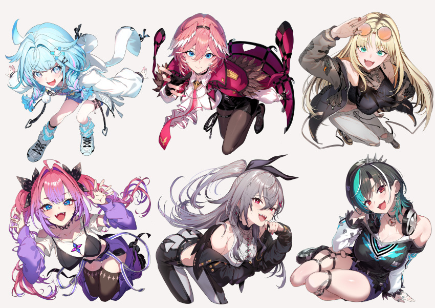 6+girls, :d, absurdres, ahoge, animal_hood, aqua_hair, ascot, beret