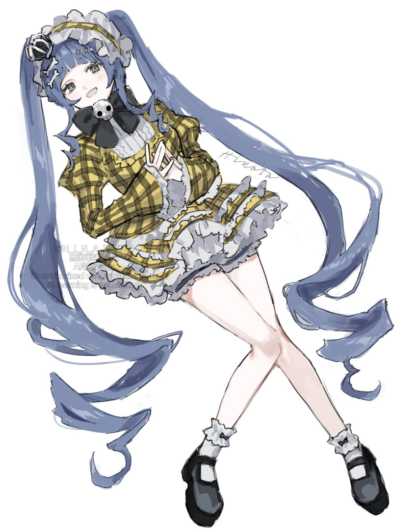 1girl, black_shoes, blue_hair, bone_hair_ornament, bonnet, crown, dress, frilled_bonnet, frilled_dress, frilled_sleeves, frills, full_body, gold_dress, h_i_n_a_t_0714, hair_ornament, hairclip, highres, juliet_sleeves, lolita_fashion, long_hair, long_sleeves, looking_at_viewer, mary_janes, mini_crown, nail_polish, official_alternate_costume, own_hands_together, plaid_clothes, plaid_dress, puffy_sleeves, shoes, simple_background, smile, socks, solo, twintails, very_long_hair, virtual_youtuber, vspo!, white_background, white_socks, yano_kuromu, yano_kuromu_(3rd_costume), yellow_bonnet