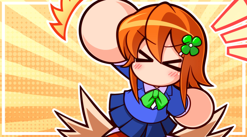 >_<, 1girl, arm_up, asouuuu, blazer, blue_jacket, blue_skirt, bow