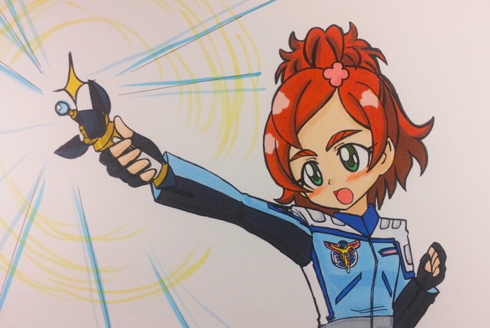 1girl, :o, arm_up, black_gloves, black_jacket, blue_jacket, blush, brown_hair, clenched_hand, clover_hair_ornament, collared_jacket, commentary, cosmo_pluck, energy, fingerless_gloves, flower, gloves, go!_princess_precure, green_eyes, hair_bun, hair_flower, hair_ornament, hand_up, haruno_haruka, henshin, holding, jacket, kakeru_(msjatl80), long_sleeves, looking_at_viewer, multicolored_jacket, name_connection, open_mouth, outstretched_arm, pink_flower, precure, short_hair, simple_background, single_hair_bun, solo, sparkle, team_eyes_uniform, thick_eyebrows, tokusatsu, traditional_media, ultra_series, ultraman_cosmos_(series), upper_body, white_background, white_jacket