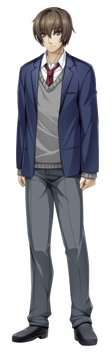 1boy, blazer, blue_jacket, brown_eyes, brown_hair, full_body, game_cg, grey_pants