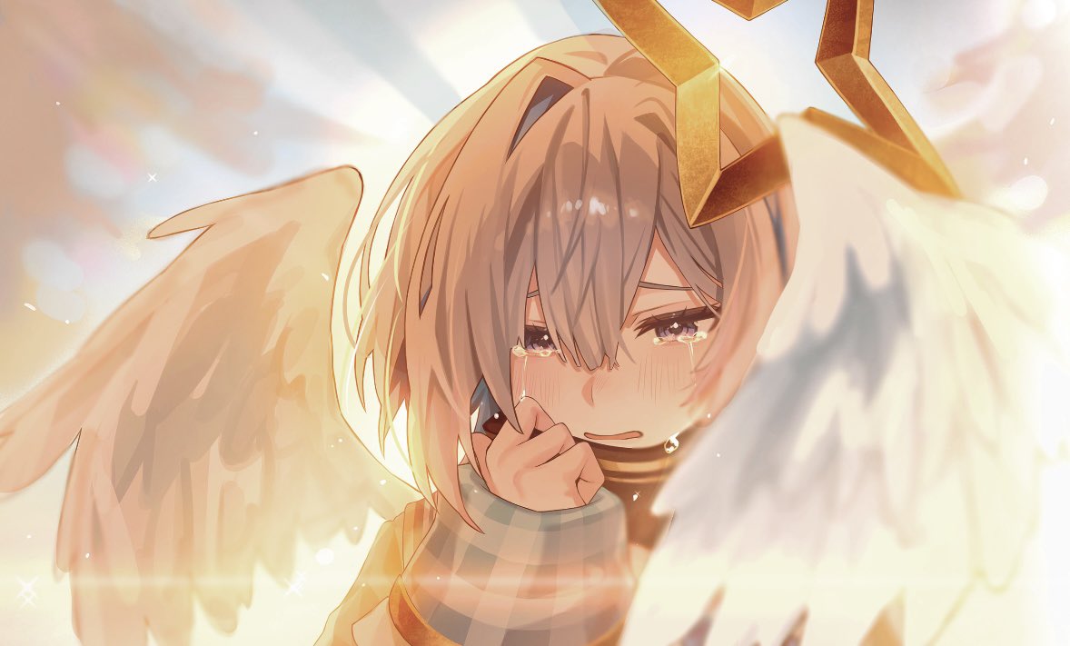 1girl, amane_kanata, amane_kanata_(1st_costume), angel, angel_wings, asymmetrical_hair, blue_hair, bob_cut