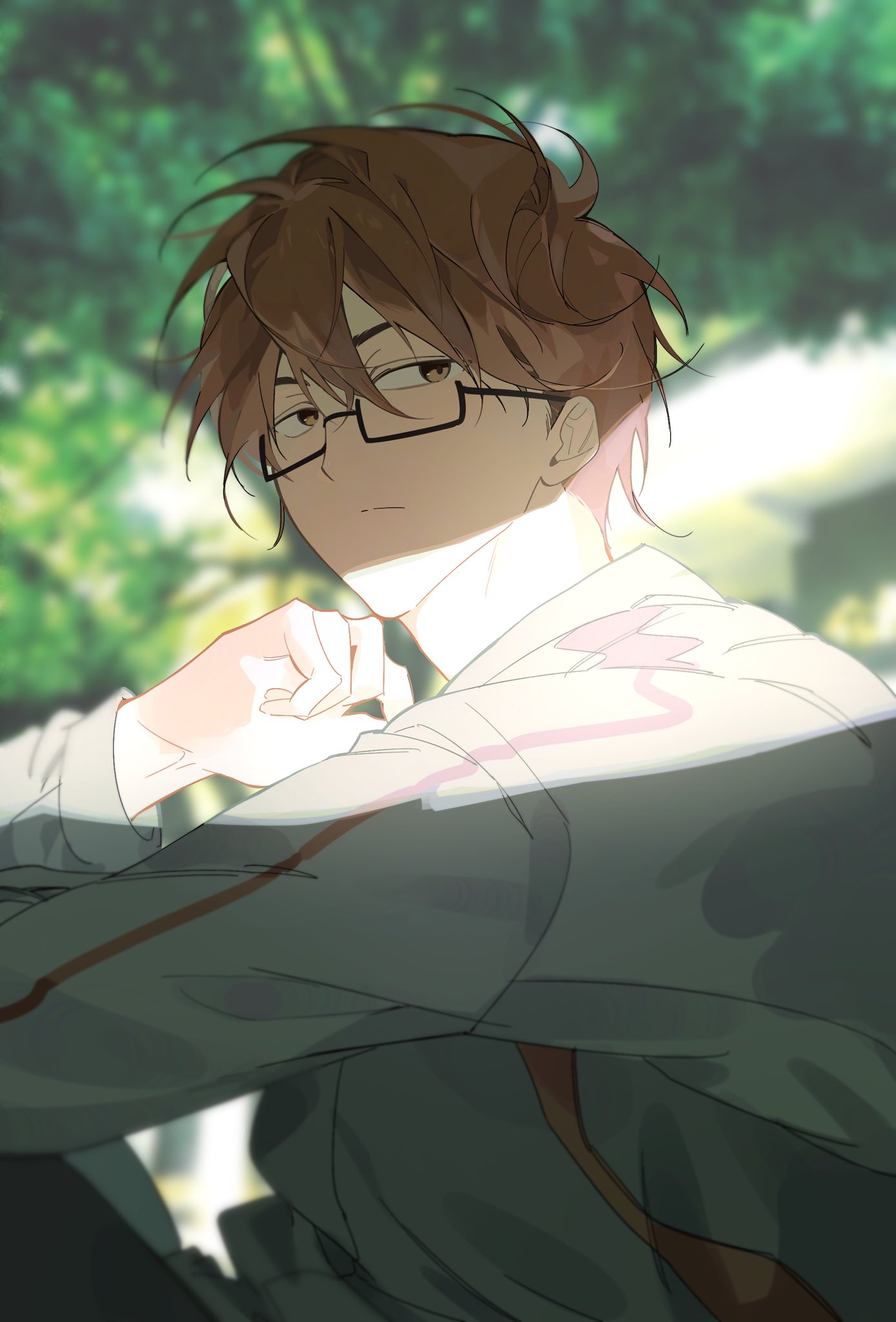 1boy, ace_of_diamond, black-framed_eyewear, brown_eyes, brown_hair, closed_mouth, glasses, hair_between_eyes