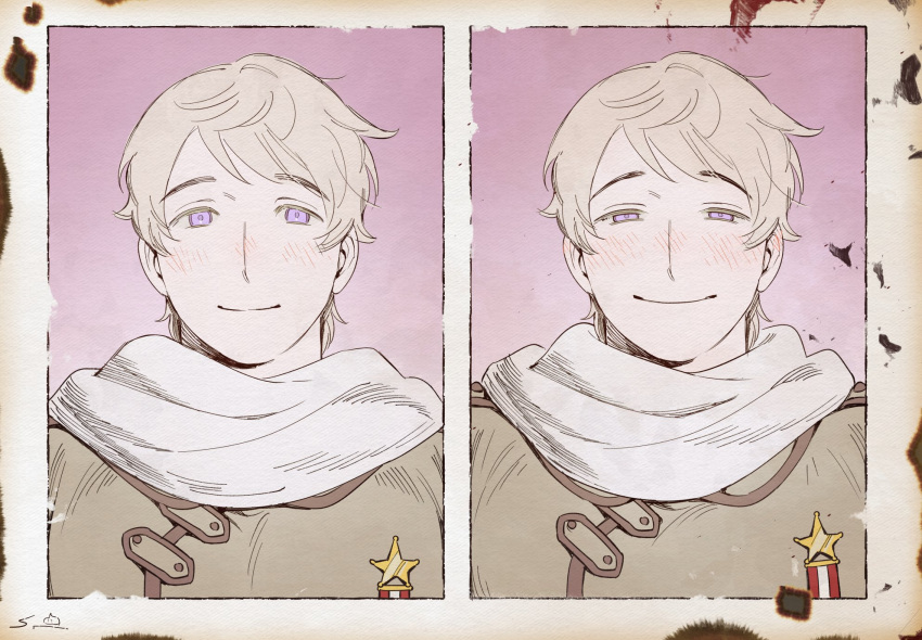 1boy, axis_powers_hetalia, blush, border, brown_coat, closed_mouth, coat, grey_hair