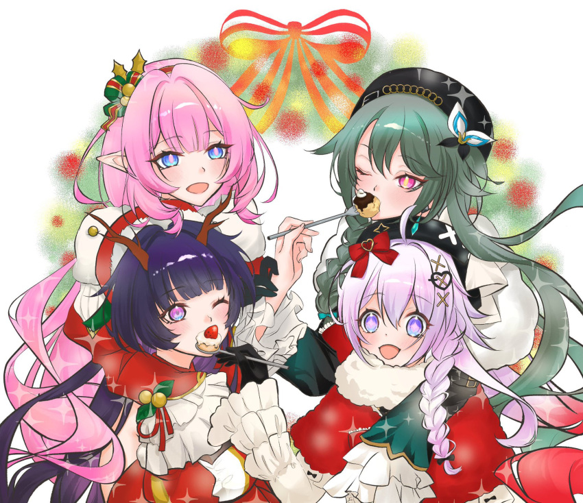 4girls, beret, black_gloves, blue_eyes, braid, commentary_request, dress, elf