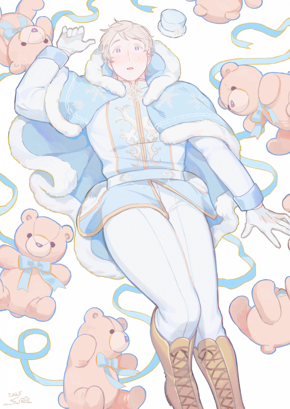 1boy, 2025, axis_powers_hetalia, belt, blue_belt, blue_bow, blue_cape, blue_hat