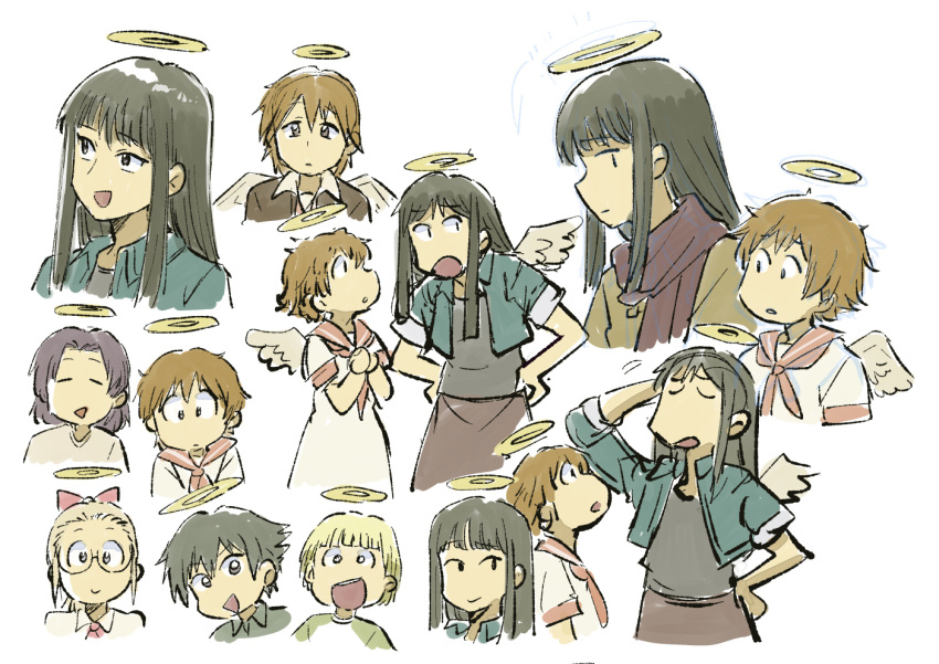6+girls, angel, angel_wings, arm_behind_head, arm_up, black_eyes, black_hair, blonde_hair