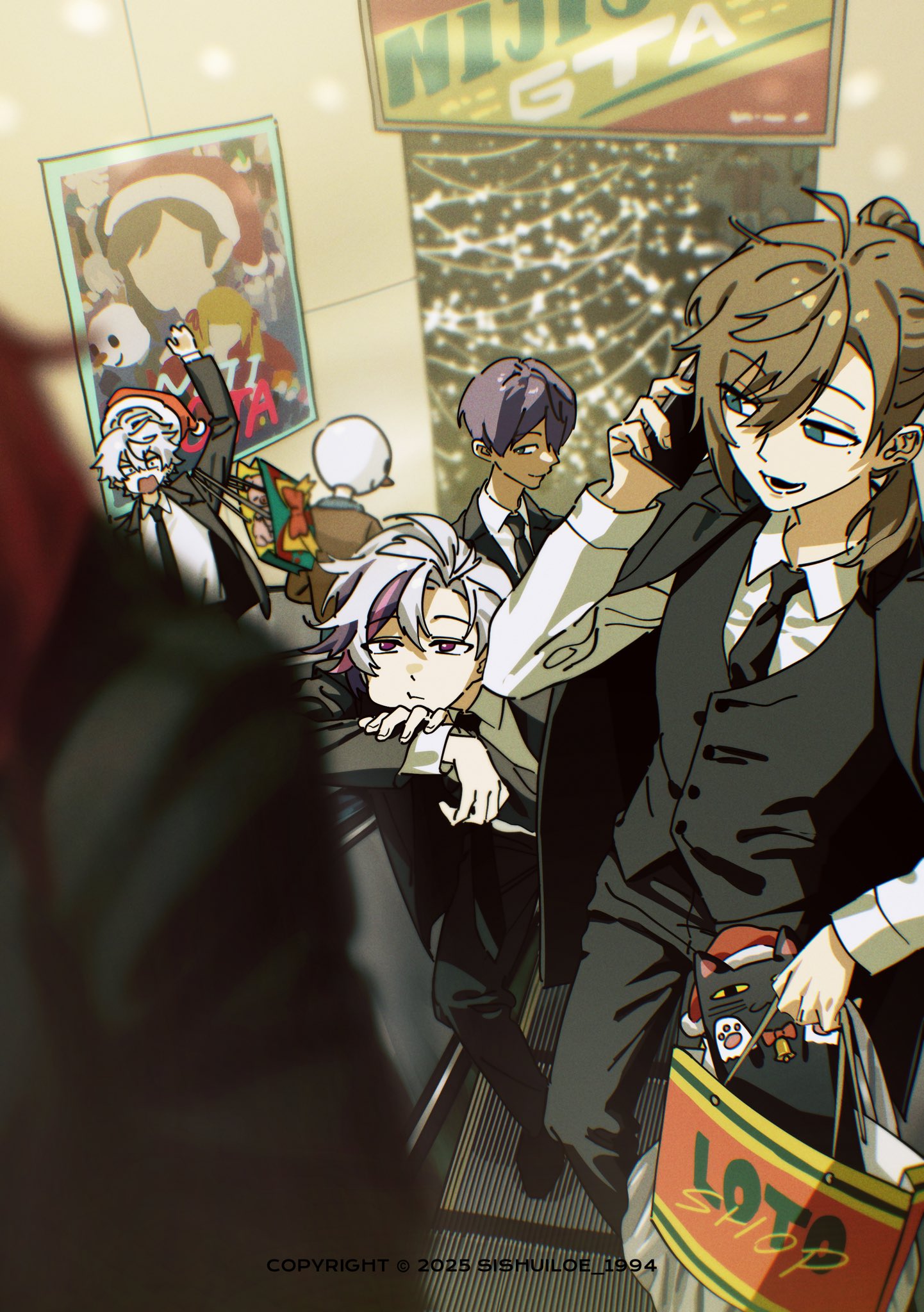 4boys, :t, alternate_costume, arm_up, bag, bent_over, black_jacket, black_necktie