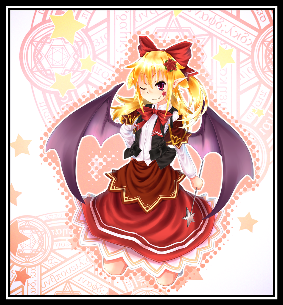 bat_wings, blonde_hair, bow, elis_(touhou), fang, flower, hair_bow, hair_flower