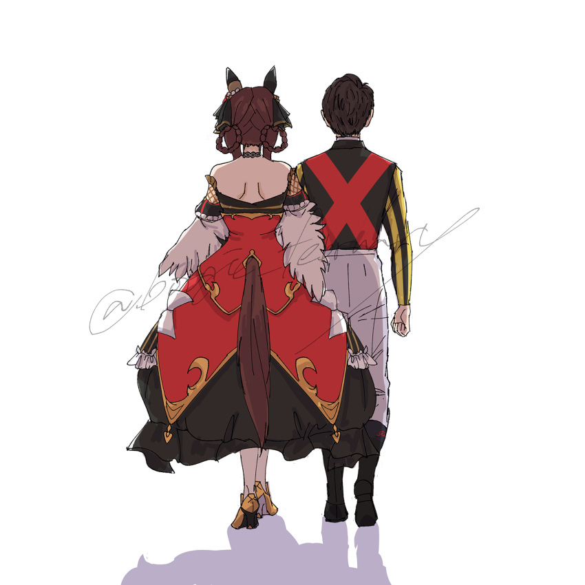 1boy, 1girl, animal_ears, bare_shoulders, black_boots, black_dress, black_shirt, boogie_february, boots, braid, braided_hair_rings, brown_hair, corset, detached_sleeves, dress, ear_covers, ear_ornament, from_behind, gentildonna_(regina_dei_fiori)_(umamusume), gentildonna_(umamusume), hair_rings, highres, horse_ears, horse_girl, horse_tail, long_hair, pants, real_life, red_corset, shirt, shoes, short_hair, tail, thigh-highs, tosaki_keita, umamusume, white_pants, white_thighhighs