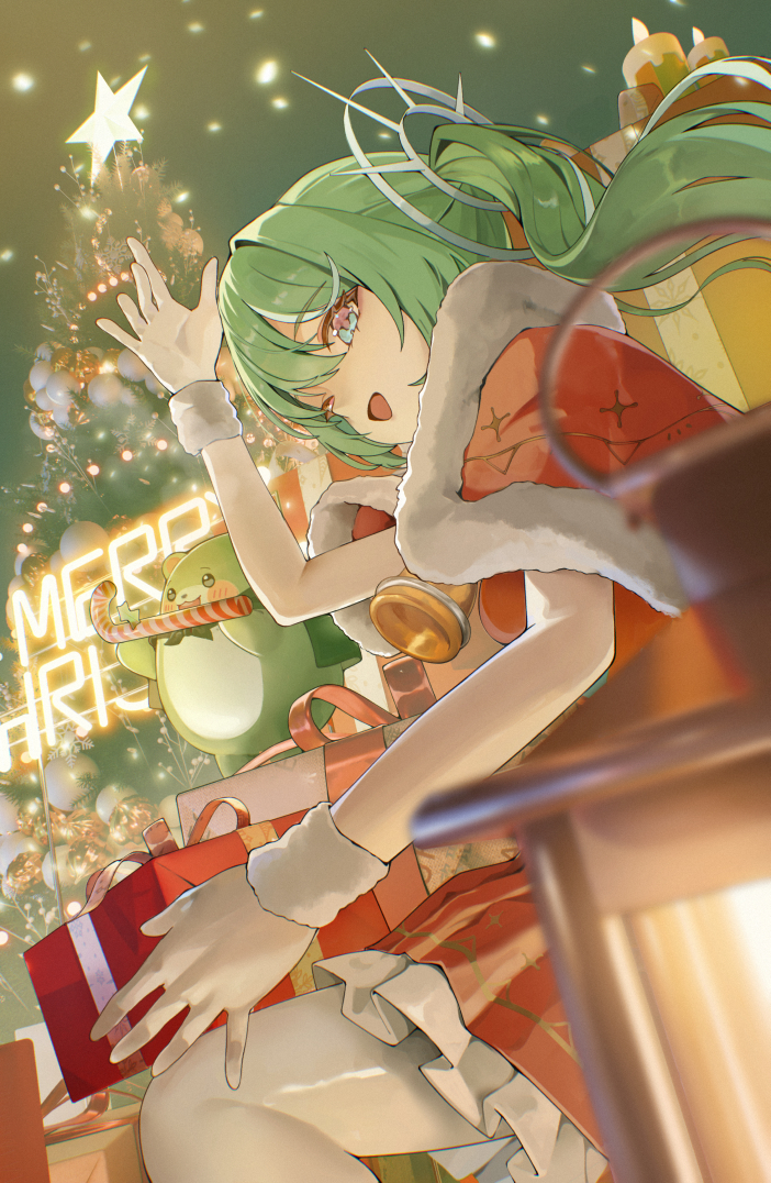 1girl, :d, bell, blue_eyes, candle, chico_(yuzuha_riko), chinese_commentary, christmas