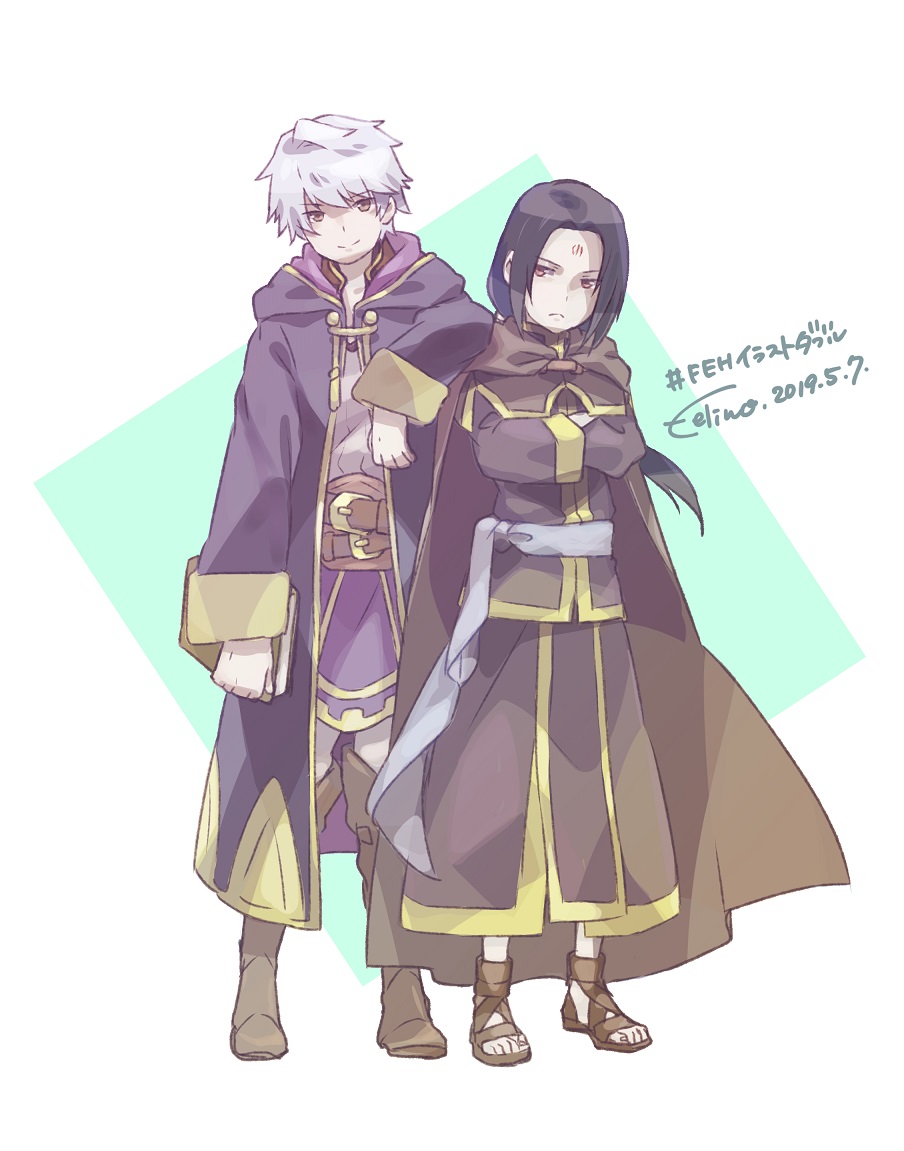 2boys, artist_name, black_hair, book, closed_mouth, commentary_request, crossed_arms, dated, facial_mark, felino-konoha, fire_emblem, fire_emblem:_path_of_radiance, fire_emblem_awakening, fire_emblem_heroes, forehead_mark, holding, holding_book, hood, hood_down, hooded_coat, long_hair, male_focus, male_robin_(fire_emblem), multiple_boys, red_eyes, short_hair, soren_(fire_emblem)