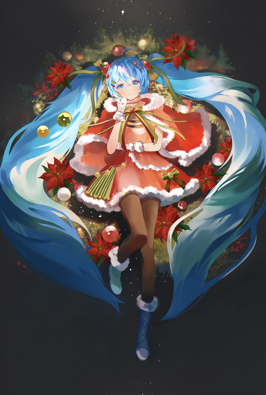 1girl, absurdly_long_hair, absurdres, ahoge, aqua_eyes, aqua_hair, black_pantyhose, blue_boots